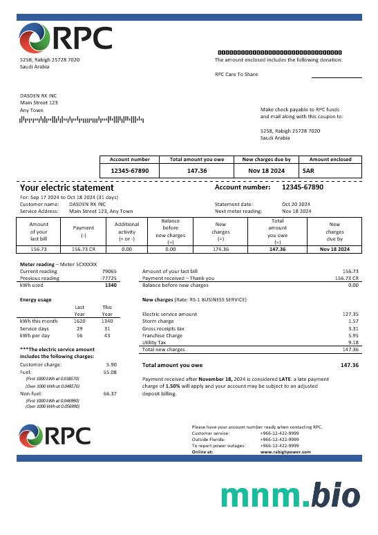 Arabia Saudyjska Rabigh Power Company rachunek za usługi komunalne, Word i szablon PDF